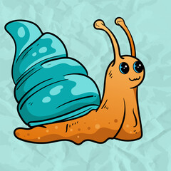Digital illustration of a Whimsical cute happy snail Character Illustration on paper blue background with cartoonish features . Character of the sea animals for the logo, mascot, design