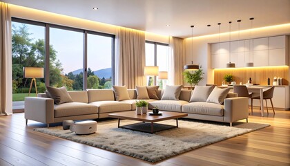Fototapeta premium Modern Living Room Interior Design with Open Kitchen and Mountain View