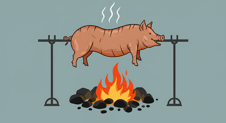 A simple illustration of a whole pig roasting on a spit over an open fire. This clean graphic is perfect for a barbecue, cookout, or luau theme.