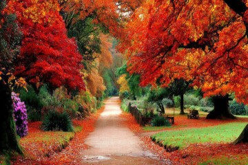 Autumnal path lined with vibrant foliage