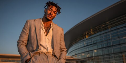 Golden Hour Portrait of a Confident Man in a Linen Suit by Modern Architecture