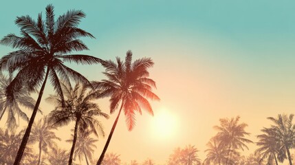 Naklejka premium Silhouettes of palm trees stand against a vibrant sunset sky, casting relaxing shadows over a tranquil beach. Warm hues blend to create a peaceful evening atmosphere.