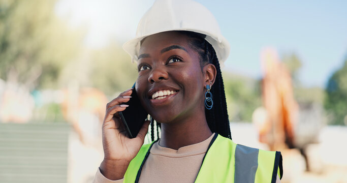 Black woman, engineer and phone call at construction site with smile, talk and inspection for property development. African person, architect and smartphone for contact, happy or real estate in Kenya