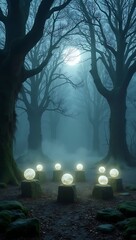 A mystical forest clearing with stones arranged in a circle, glowing faintly under moonlight with fog swirling low.

