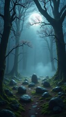 A mystical forest clearing with stones arranged in a circle, glowing faintly under moonlight with fog swirling low.

