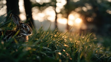 Sunlit Cinematic View of a Camouflaged Rabbit in Nature
