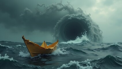 A paper boat made from a torn will drifting toward a whirlpool in a dark ocean under an overcast sky.

