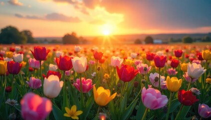 Joyful sunrise over a field of blooming flowers, symbolizing new life and hope after winter's end Perfect for Easter, spring, rebirth, and renewal themes , renewal, rebirth, beginnings