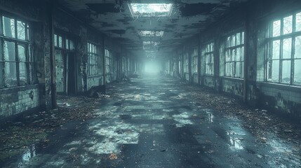 Eerie Long Corridor of an Abandoned Building