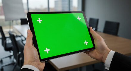 Businessman holding a tablet computer with a green screen in a modern office setting.