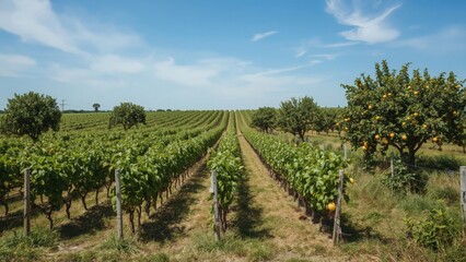 Naklejka premium Picturesque Vineyard Landscape Under A Blue Sky With Fruit Trees