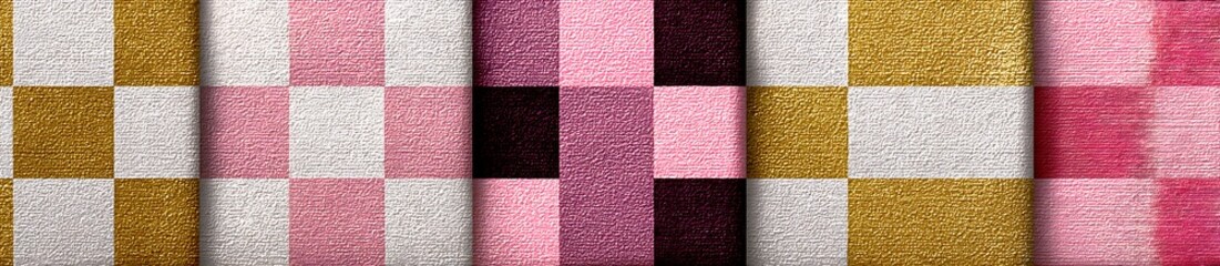 A beautiful fashion palette of colourful fabric samples, striped fabrics, and colourful fabric textures, with shades of pink, red, and blue like a makeup set