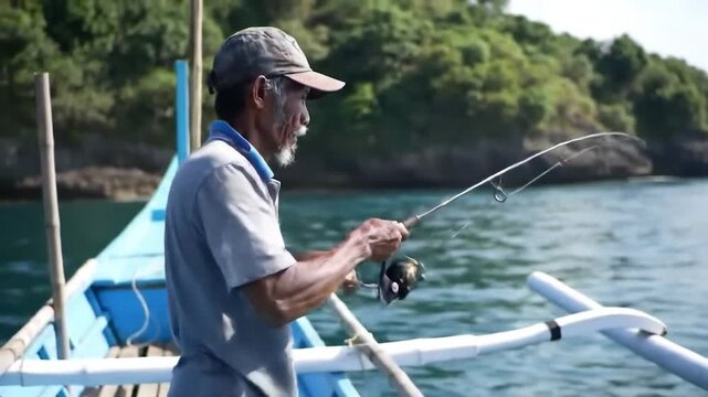 Elderly fisherman casting from a blue outrigger boat with wooded coastline backdrop