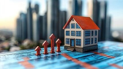 Real Estate Market Growth: House Model on Financial Charts Shows Increasing Property Values