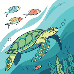 Oceanic Harmony: A vibrant illustration showcases an underwater scene, featuring a graceful sea turtle and several colorful fish swimming in a serene blue expanse.