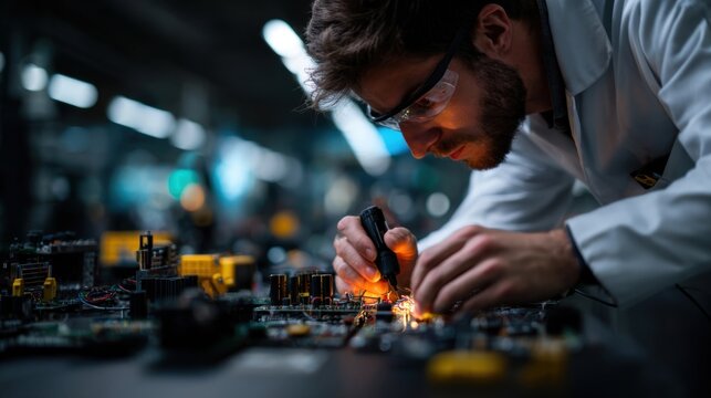 Engineer in White Lab Coat Using Multimeter to Check Circuit Board