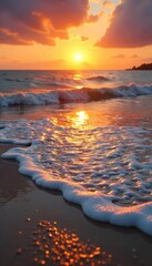 Obraz premium Serene beach scene at sunset, waves gently lapping the shore, conveying ultimate peace and joy Perfect for travel, vacation, or well-being themes , calm, horizon