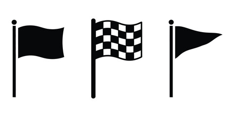 Collection of three black flag icons including a checkered racing flag