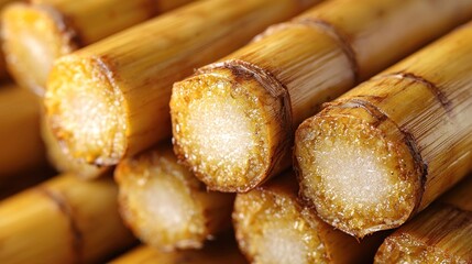 Close-up of Sweet and Golden Sugarcane Stalks
