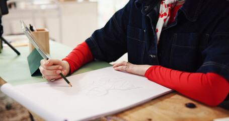 Woman, hands and drawing with pencil for fashion design, art or sketching in home. Female person, artist and tablet for reference with visual draft, artistic skill or talent for designer illustration