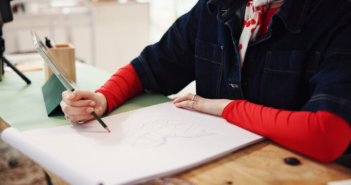 Woman, hands and drawing with pencil for fashion design, art or sketching in home. Female person, artist and tablet for reference with visual draft, artistic skill or talent for designer illustration