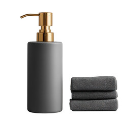Obraz premium Modern gray ceramic soap dispenser with gold pump and stacked gray washcloths isolated on transparent background