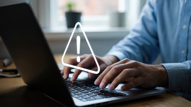 Man typing on laptop with a white exclamation point symbol; a system error warning