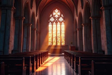 Obraz premium Serene stained glass illuminates a peaceful church sanctuary, radiating divine light and spiritual tranquility Perfect for religious, faith, hope, and peace themes , holy spirit, belief