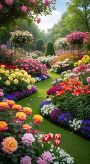 Fototapeta premium Vibrant Spring Garden: Lush Roses, Lilies, and Tulips in a Serene Landscape