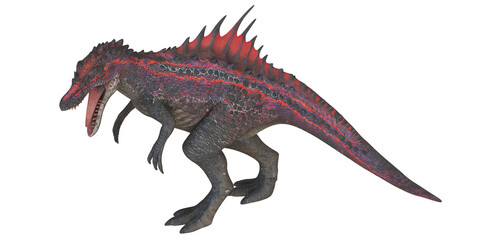 Fierce spinosaurus with vibrant spines roaring.