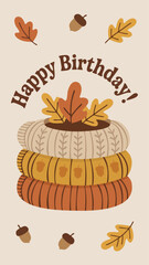 Autumn. Simple vector illustration. Happy Birthday greeting. Leaflet, postcard on the theme of the holiday and autumn.