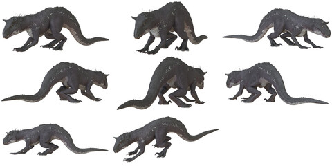 Detailed 3D model of a fictional dinosaur in various poses.