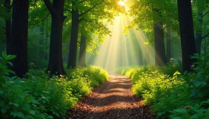 Sun-dappled forest path winding through lush greenery, sunlight filtering through leaves, creating a magical atmosphere Perfect for nature, travel, and serenity themes , journey, landscape