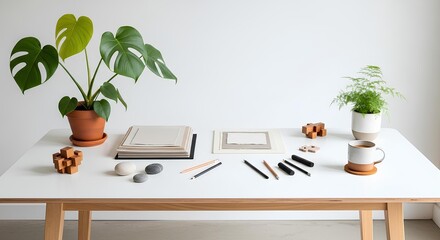 Peaceful Quiet Zone workspace table with stationery and plants showcasing relaxation and calm