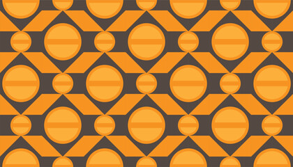 Seamless retro geometric pattern with orange circles and dark brown accents.