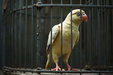 Bird in Cage Close Up of Albino Parrot Looking Left