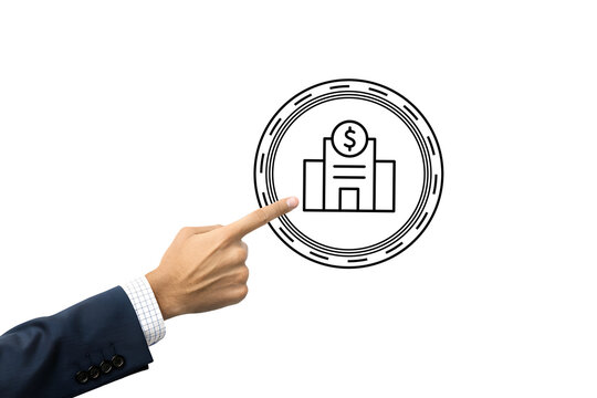 A human hand in a suit points to a minimalist icon depicting a building with a dollar sign on its roof, enclosed within a circular border on a clean white background