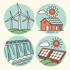 Fototapeta premium Green Energy Icons: A captivating collection of eco-friendly illustrations, showcasing wind turbines, solar panels, a house with solar panels, and a dam generating clean power.