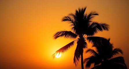 Silhouette of Palm Trees Against a Vibrant Orange Sunset Sky
