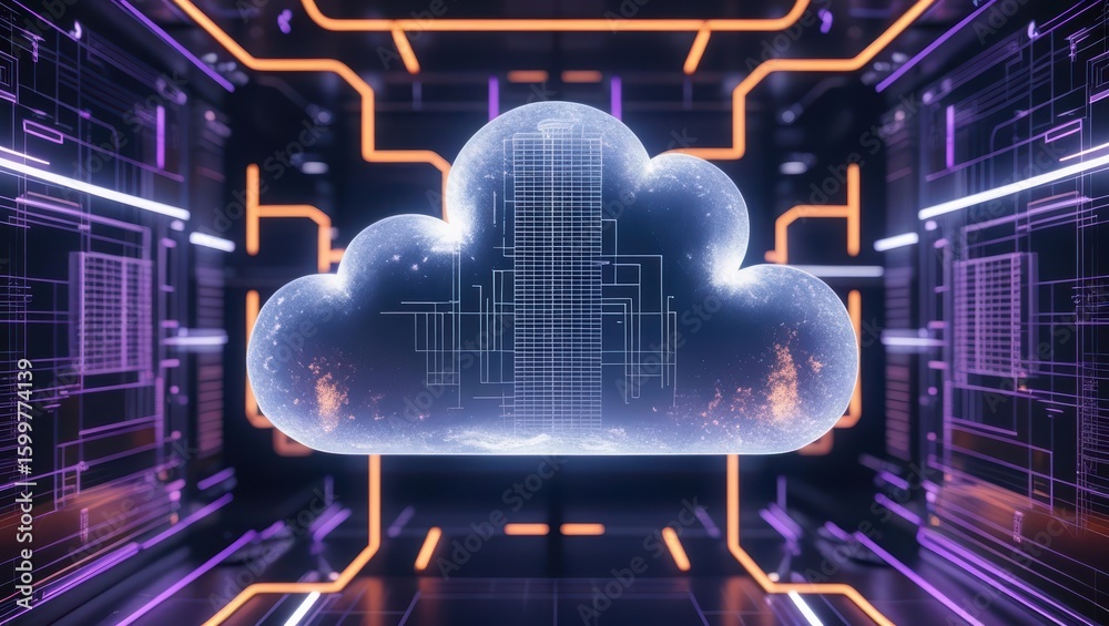 Poster futuristic digital cloud computing network with holographic technology connecting data centers and s