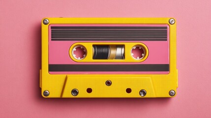 A vibrant yellow and pink cassette tape rests flat on a soft pink surface. The retro design evokes nostalgia for music enthusiasts who remember listening to mixtapes.