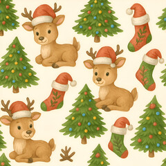 Fototapeta premium Cute cartoon deer wearing Santa hats, festive Christmas trees, and colorful stockings create a cheerful holiday pattern.