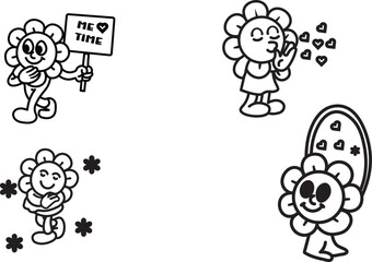 Cute Flower Character Practicing Self Love | Line Art Set