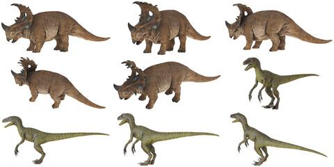 Dinosaurs posing in realistic representation.