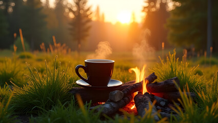 Morning serenity: A steaming cup of coffee beside a crackling campfire at dawn