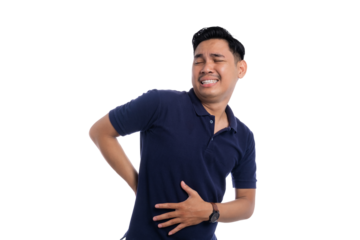 Asian man suffering from back pain and stomach discomfort with painful facial expression isolated on transparent background