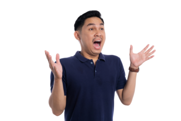 Surprised Asian man with open mouth and raised hands reacting with shock and excitement isolated on transparent background