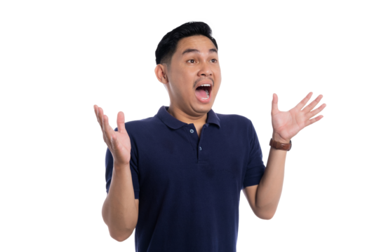 Surprised Asian man with open mouth and raised hands reacting with shock and excitement isolated on transparent background