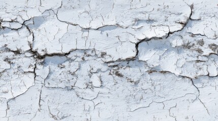 Close-up view of a cracked white surface displaying an array of textures and patterns. The surface appears weathered, highlighting fissures that create a striking visual effect.