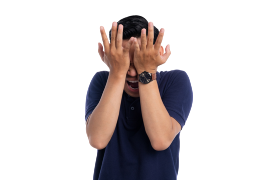 Stressed Asian man covering face with hands showing frustration and anxiety expression isolated on transparent background